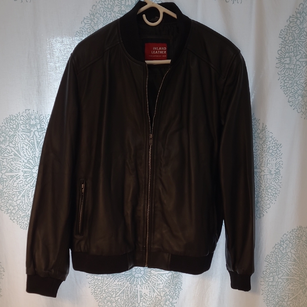 Men's INLAND leather Black Bomber Jacket SIZE XL